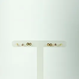 Brinco Trio Símbolo Infinito / Ponto de Luz / Pérola Folheado a Ouro 18k