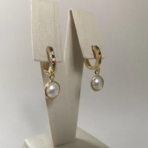 Brinco Argolinha com Zircônias Coloridas e Pérola Folheado a Ouro 18k