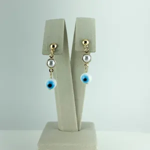 Brinco Olho Grego e Pérola Folheado a Ouro 18k