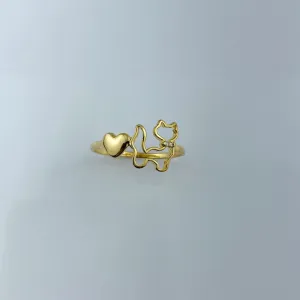 Anel Design Gatinho e Coração Folheado a Ouro 18k