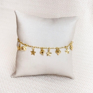 Pulseira Com Estrelas e Corações Folheada a Ouro 18K