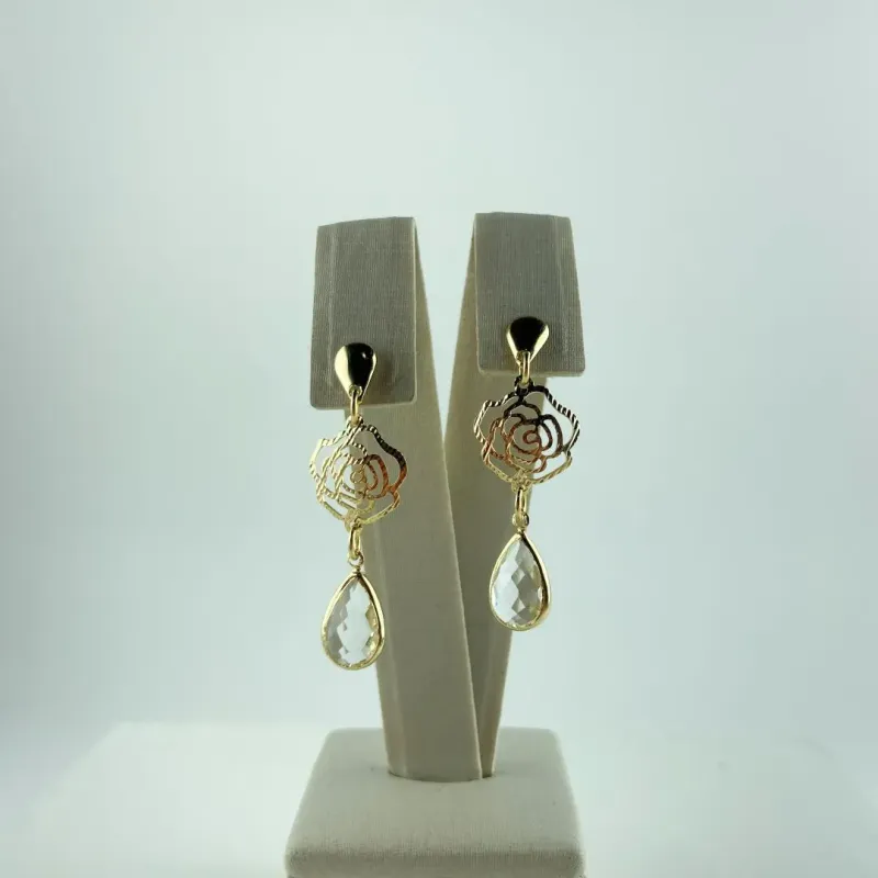 Brinco Design de Flor com Gota Zircônia Folheado a Ouro 18k