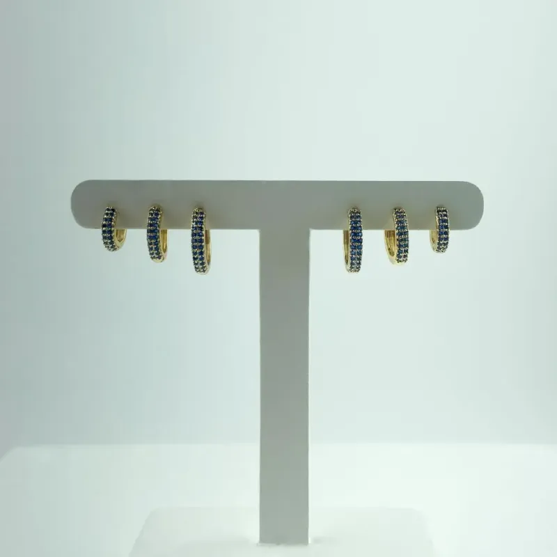 Brinco Trio Argolinha Cravejada de Zircônias Azul Folheado a Ouro 18k