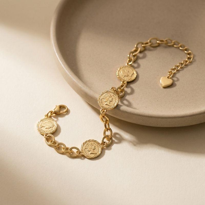 Pulseira Com Pingentes de Moeda Folheada a Ouro 18K