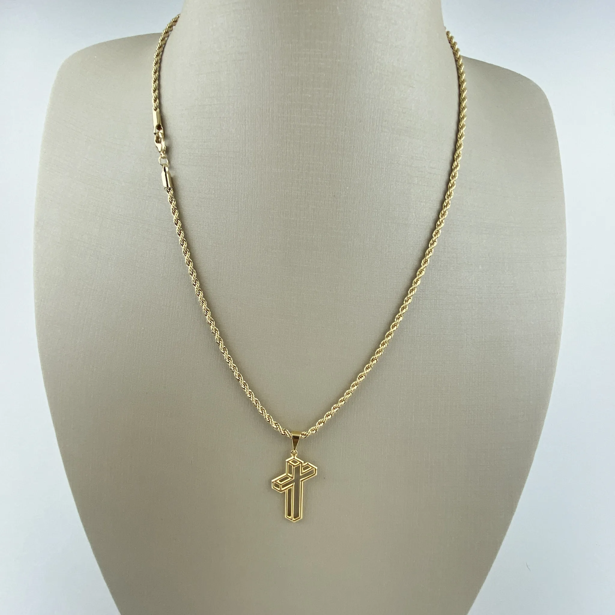 Colar Cordão Baiano com Pingente Crucifixo Vazado Folheado a Ouro 18k
