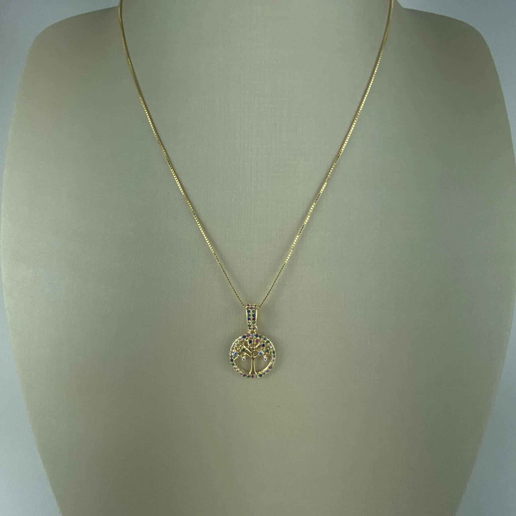 Colar Veneziana com Pingente Árvore da Vida em Zircônias Coloridas Folheada a Ouro 18k