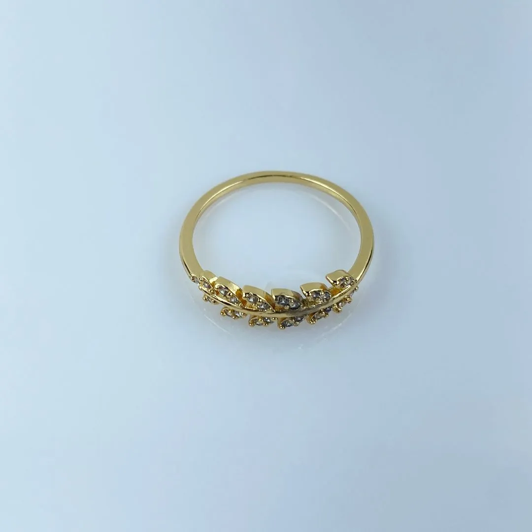Anel Design de Folha Cravejado em Zircônia Folheado a Ouro 18k