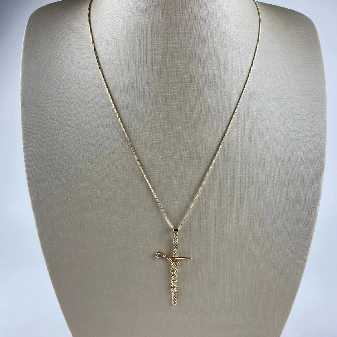 Colar Veneziana com Pingente Palavra Jesus na Cruz em Zircônia Folheado a Ouro 18k