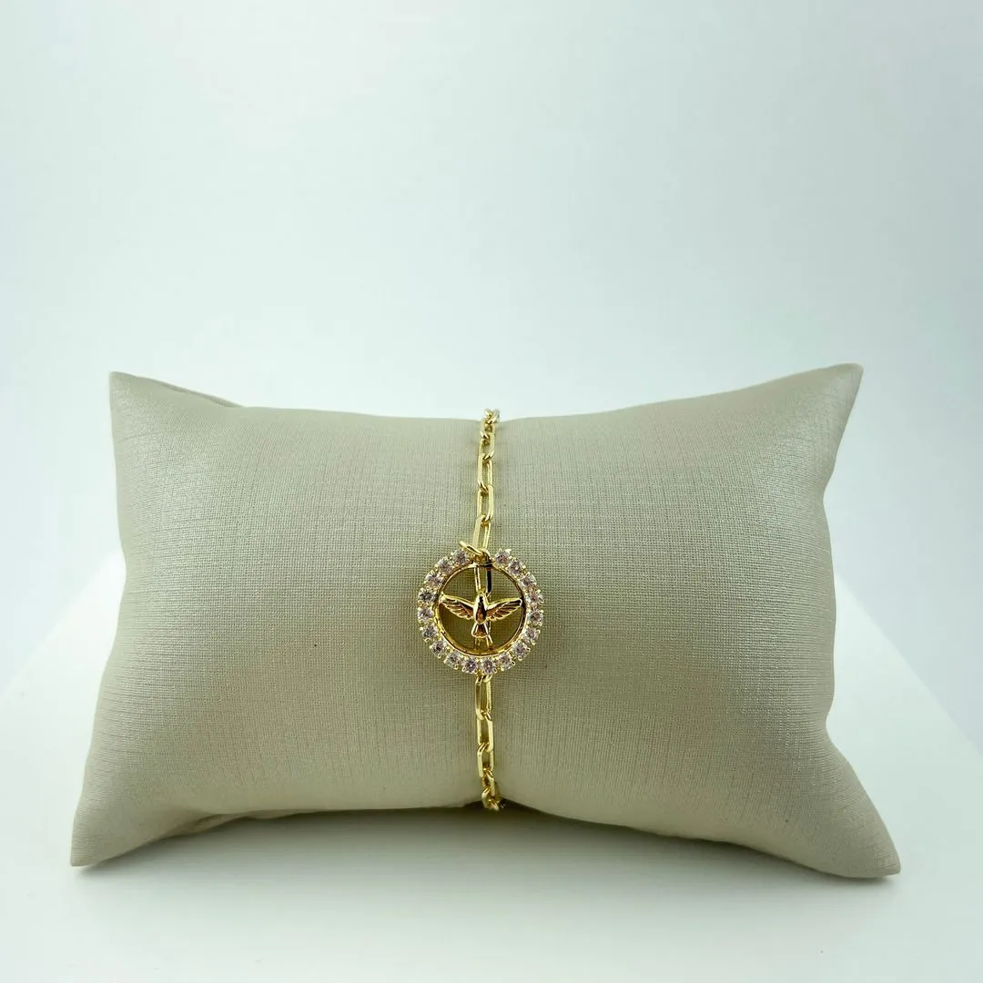 Pulseira Cartier com Pingente Espírito Santo e Mandala de Zircônias Folheado a Ouro 18k