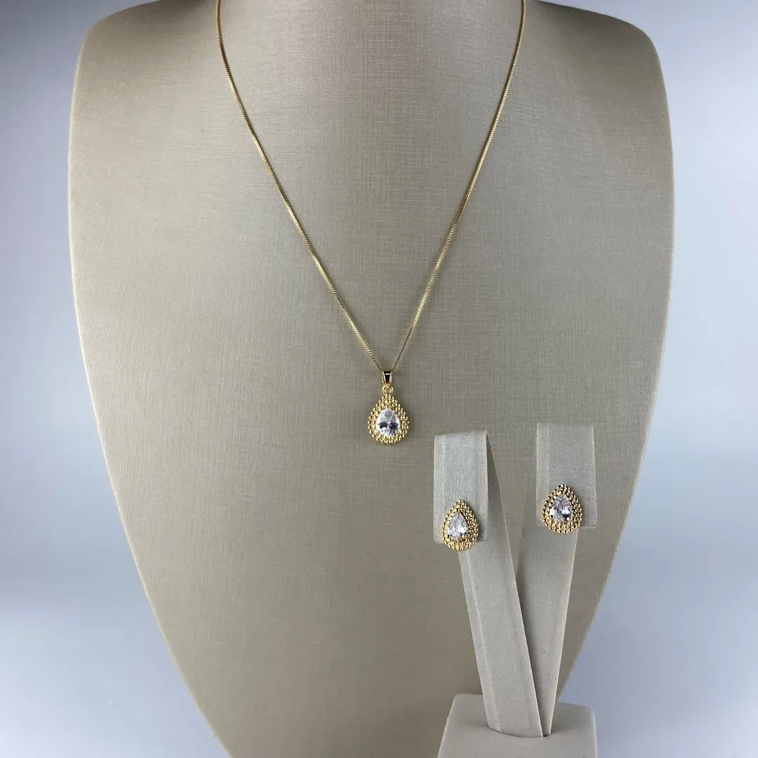 Conjunto Colar Veneziana com Pingente e Brinco Design de Gota de Zircônia Folheado a Ouro 18k