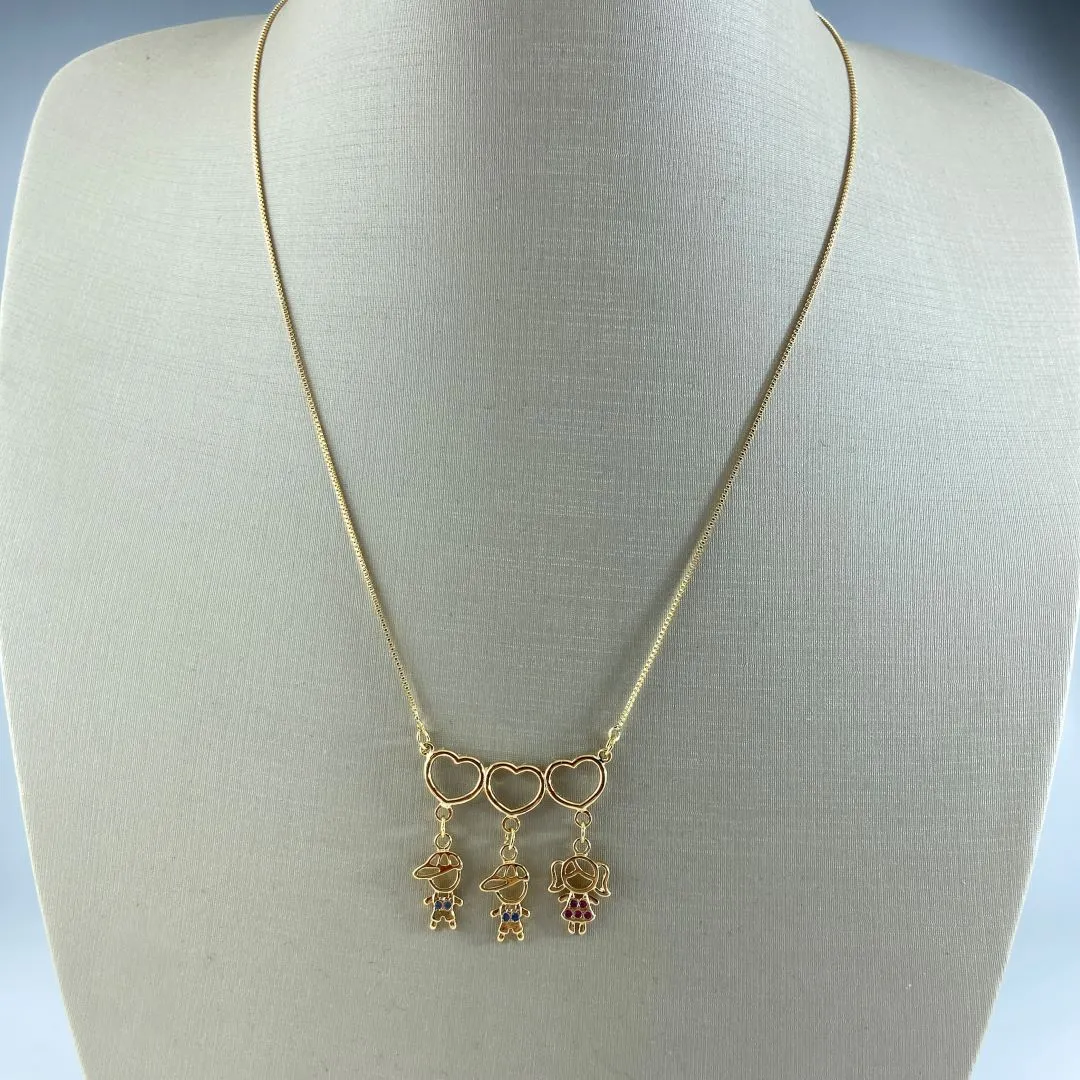 Colar Veneziana Dois Meninos  e Uma menina com Coração Folheado a Ouro 18k