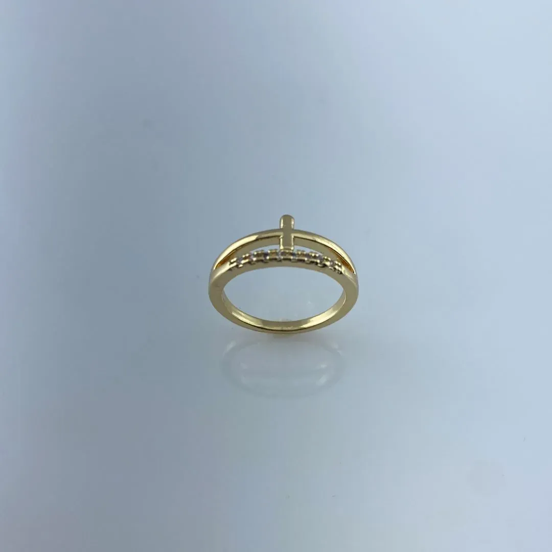 Anel Aro Duplo com Zircônia e Crucifixo Liso Folheado a Ouro 18k