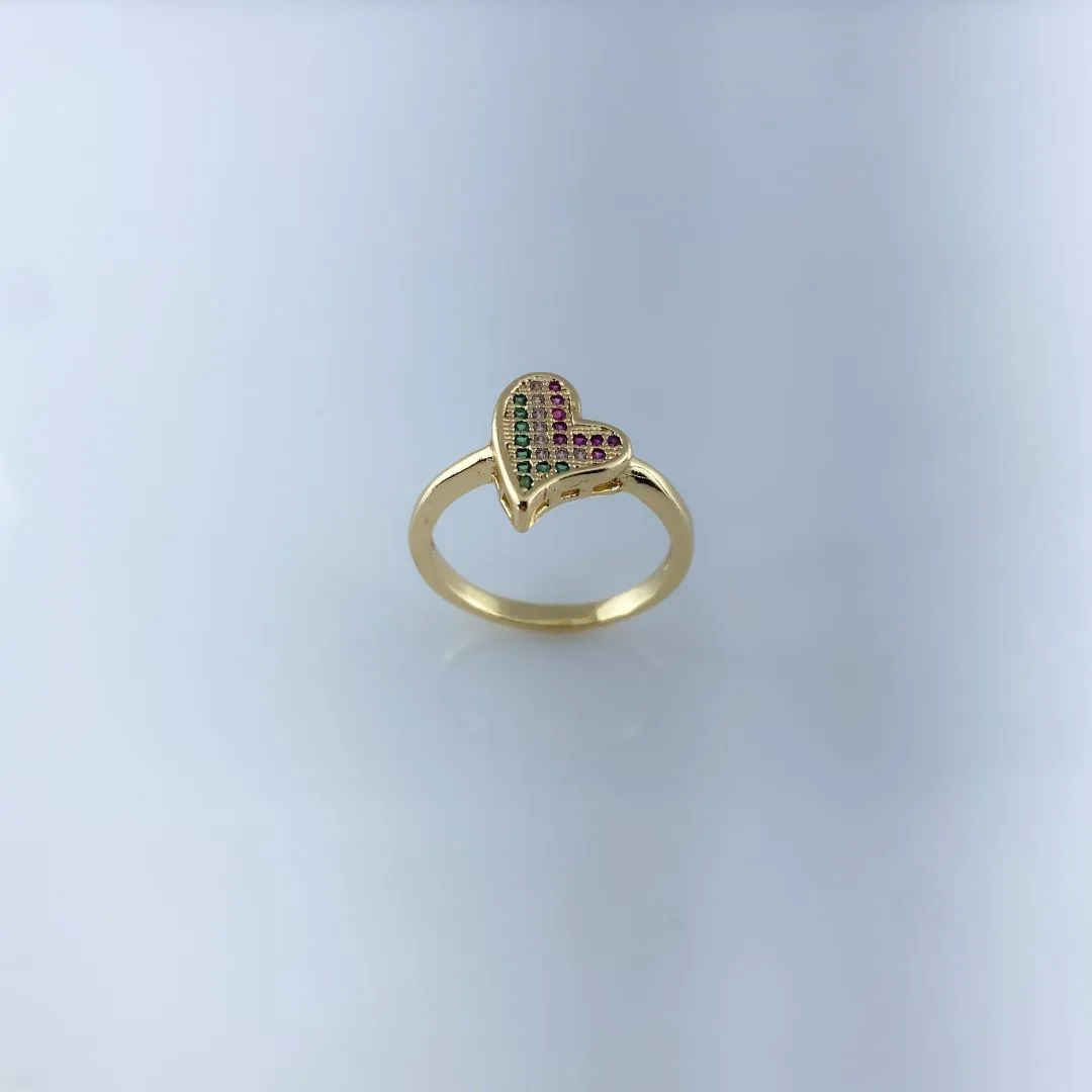 Anel Design de Coração Cravejado com Zircônia Colorida Folheado a Ouro 18k