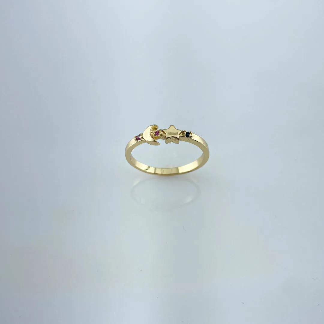 Anel Lua e Estrela com Zircônias Coloridas Folheado a Ouro 18k
