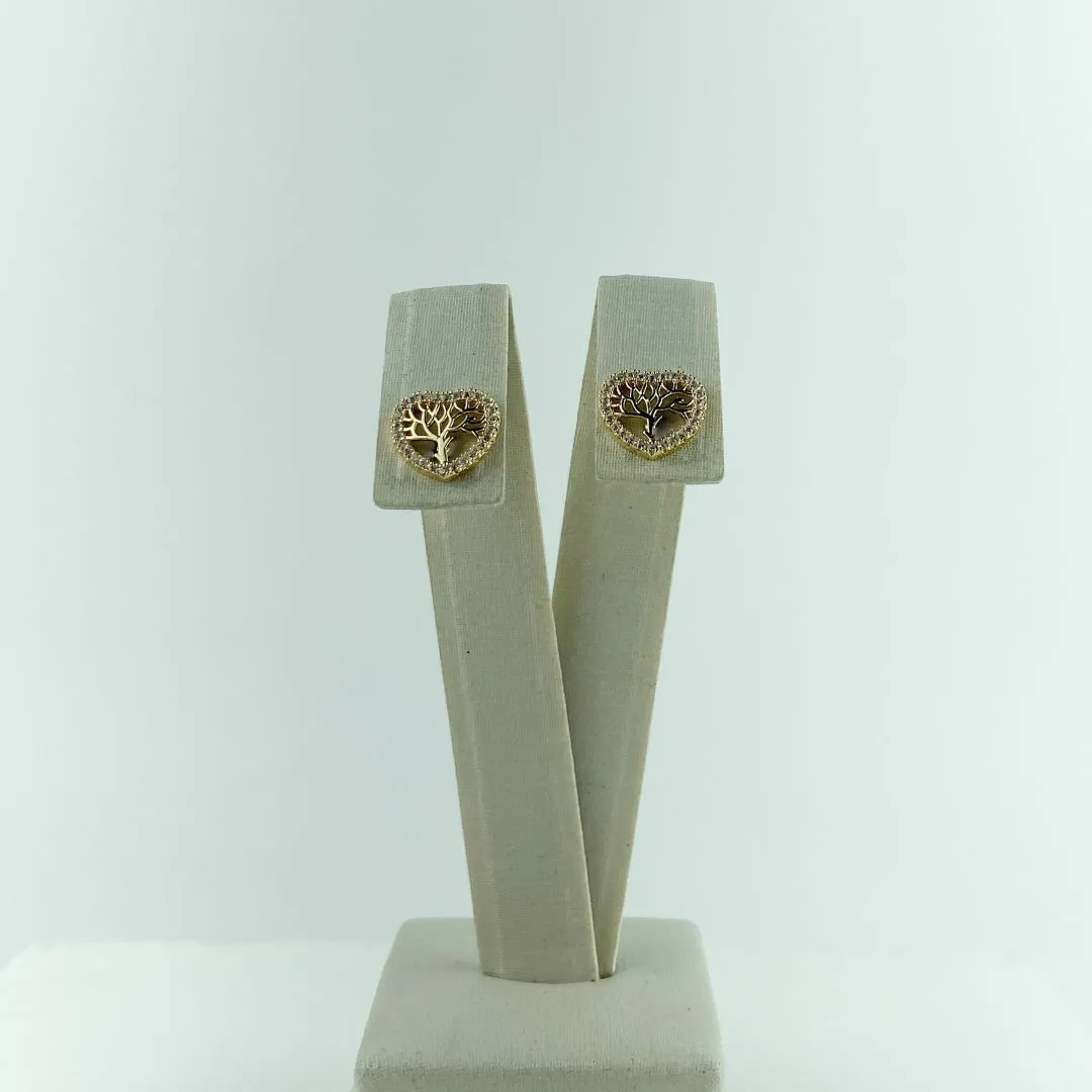 Brinco Árvore da Vida Design Coração Cravejado de Zircônias Folheado a Ouro 18k