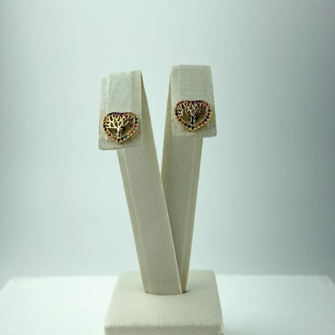 Brinco Árvore da Vida Design de Coração com Zircônias Coloridas Folheado a Ouro 18k