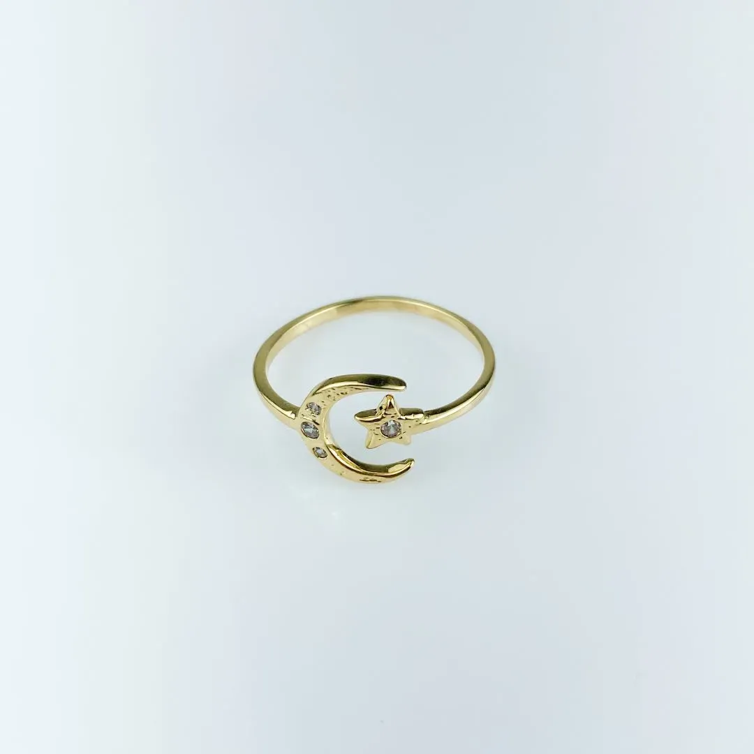 Anel Ajustável Lua e Estrela com Zircônia Folheada a Ouro 18k