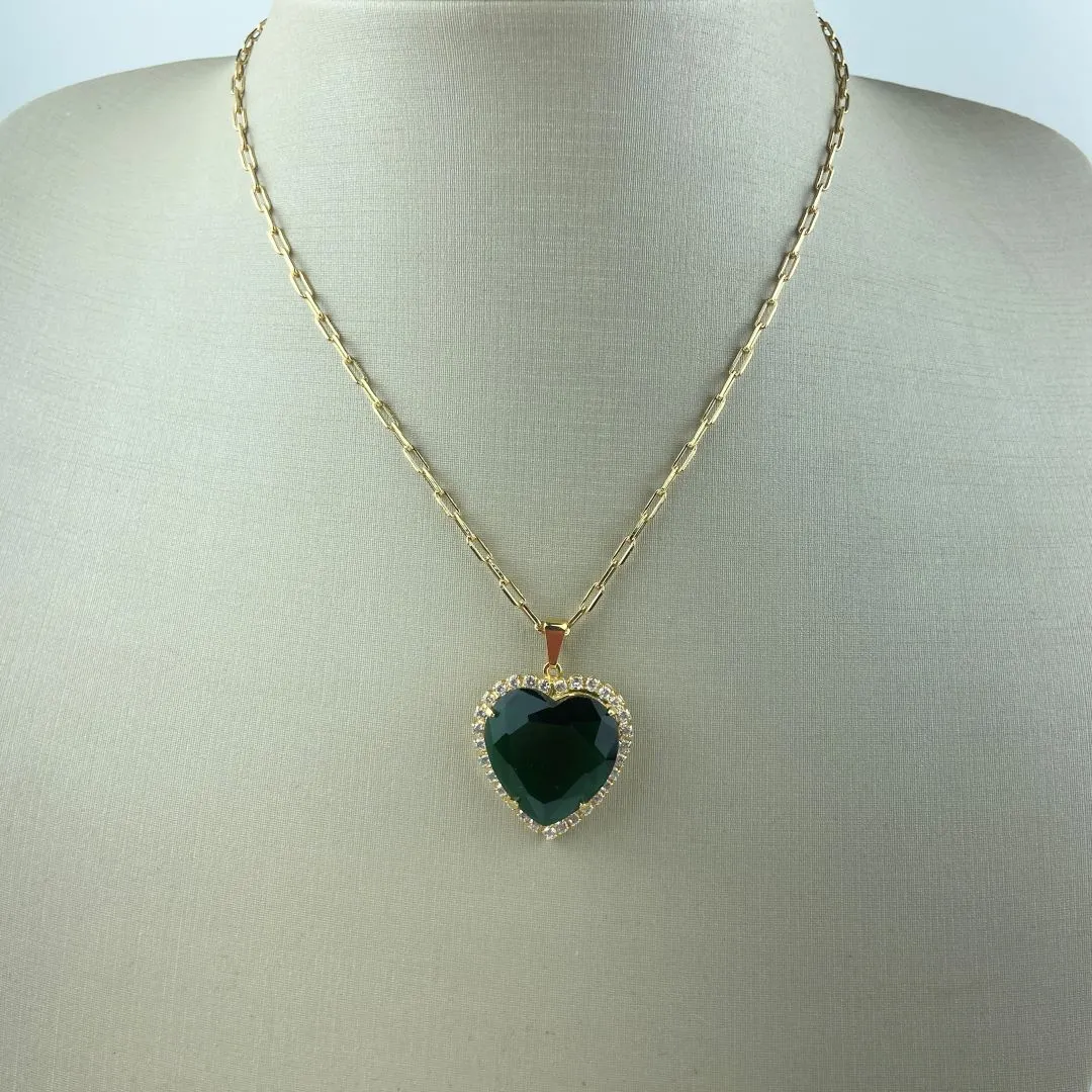 Colar Cartier Pingente de Coração com Entorno Cravejado em Zircônias e Pedra Verde Escuro Folheado a Ouro 18k