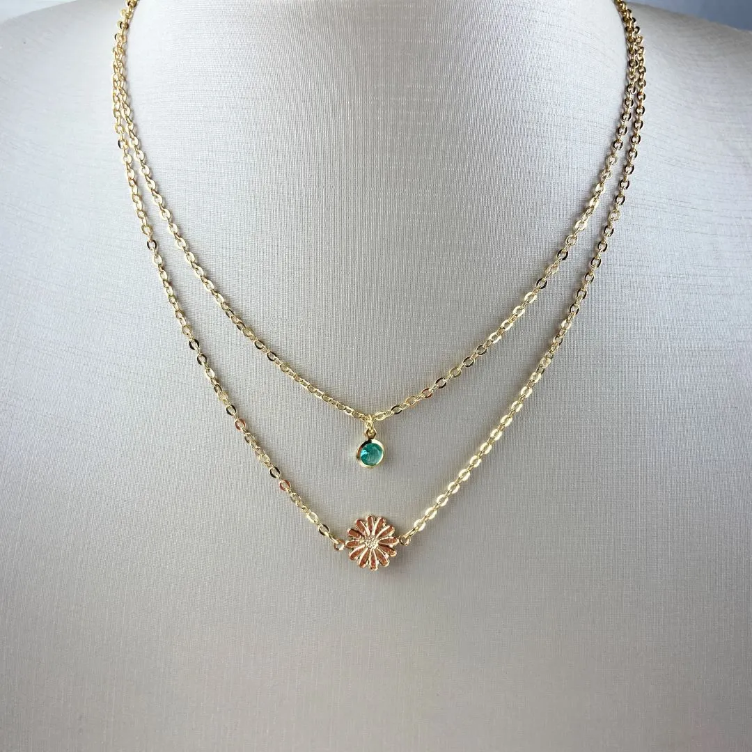 Colar Duplo com Pingente Design de Margarida e Pedra Turmalina Folheado a Ouro 18k