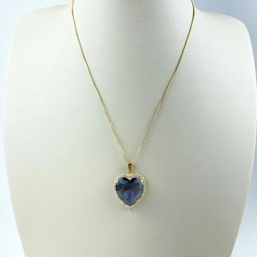 Colar Veneziana Pingente de Coração com o Entorno Cravejado em Zircônias e Pedra Lilás Folheado a Ouro 18k