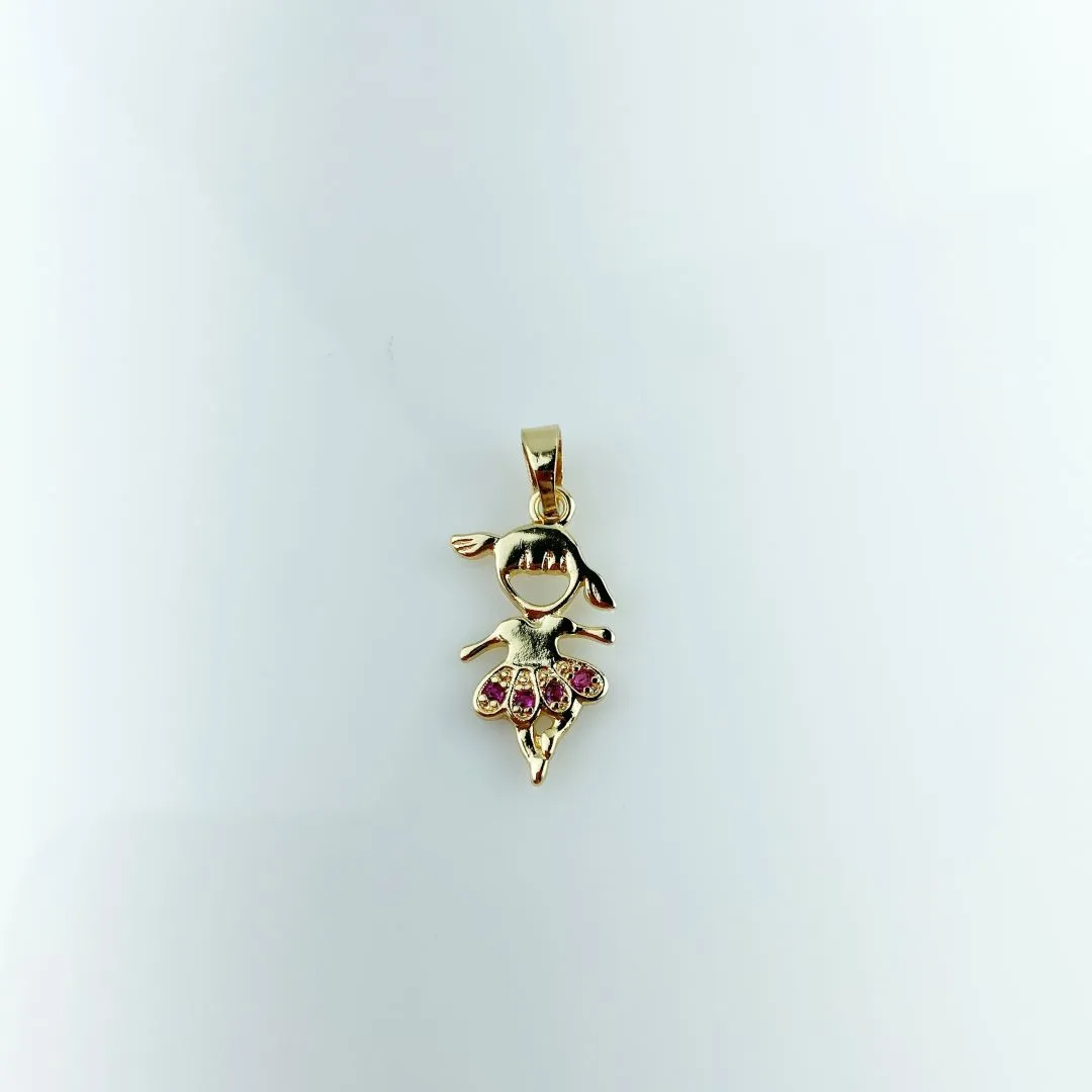 Pingente Menina Bailarina em Zircônia Rosa Folheado a Ouro 18k