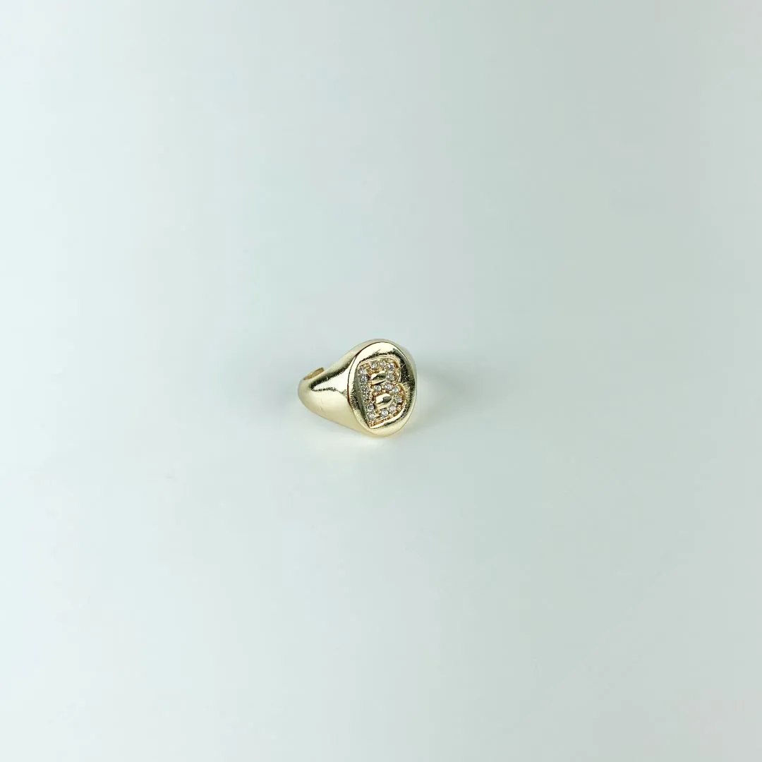 Anel Ajustável Mindinho Letra B Cravejada em Zircônias Folheado a Ouro 18k