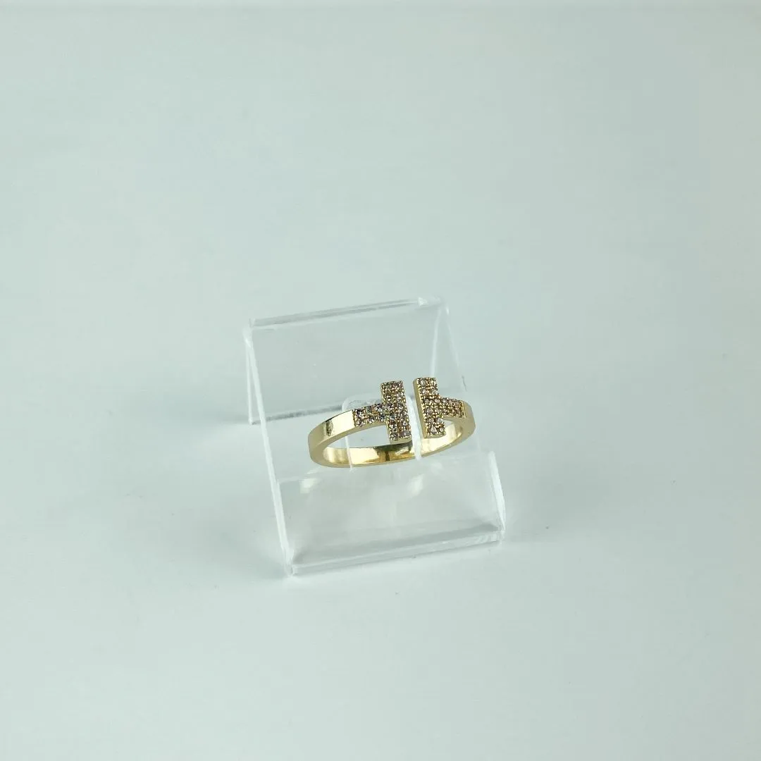 Anel em T em Zircônia Aro Aberto Folheado a Ouro 18k