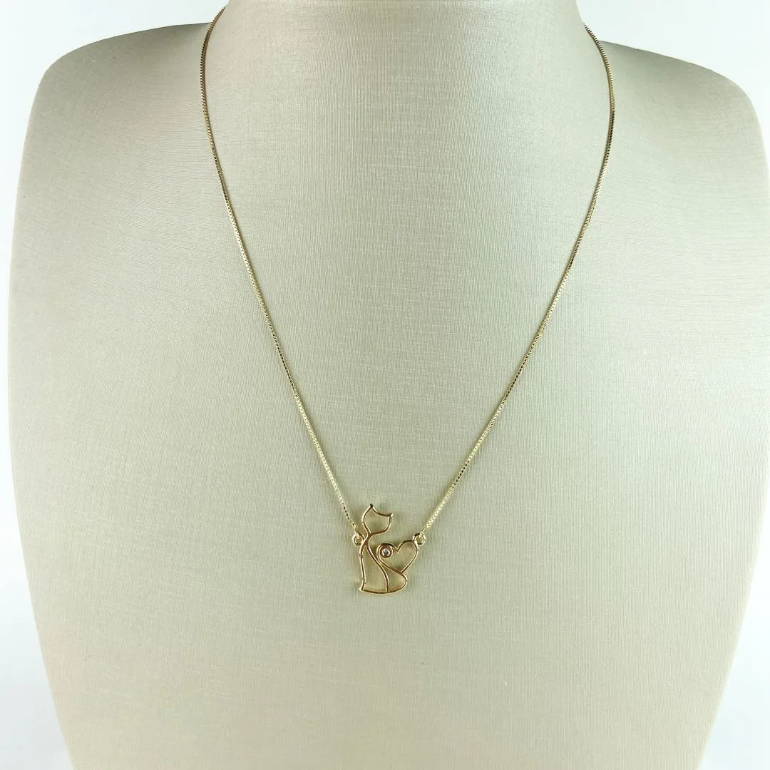 Colar Veneziana com Pingente Gatinho e Coração com Ponto de Luz Folheado a Ouro 18k