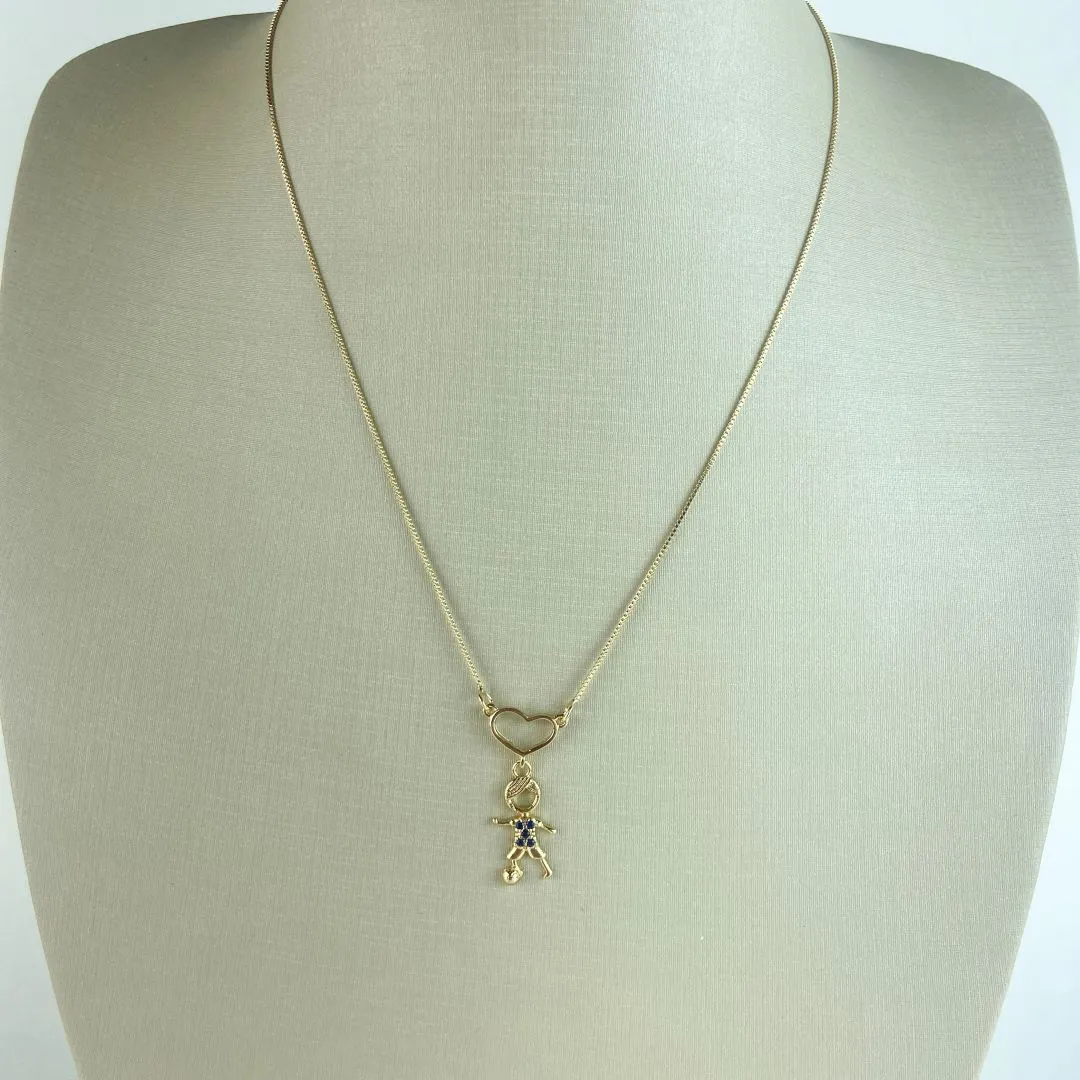 Colar Veneziana com Pingente Menino com Bola em Zircônia Azul e Canga Design de Coração Folheado  Ouro 18K