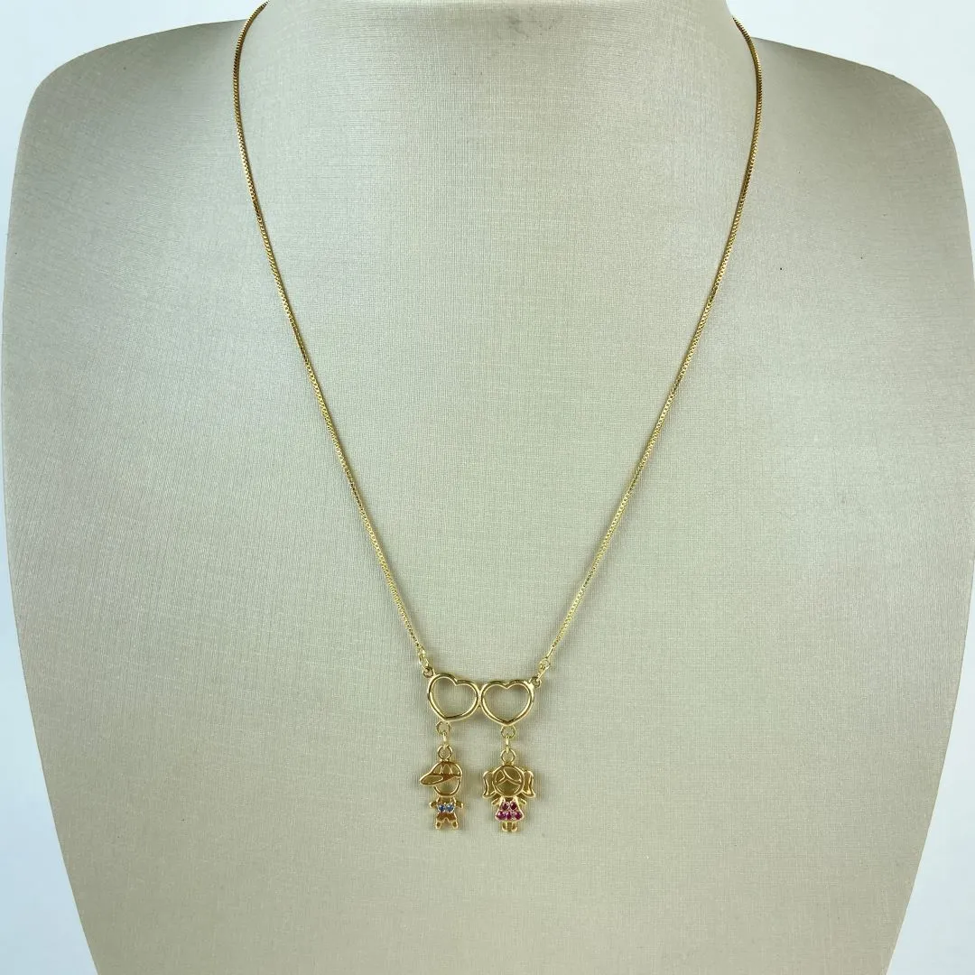 Colar Veneziana com Um Menino e Uma Menina com Coração Folheado a Ouro 18k