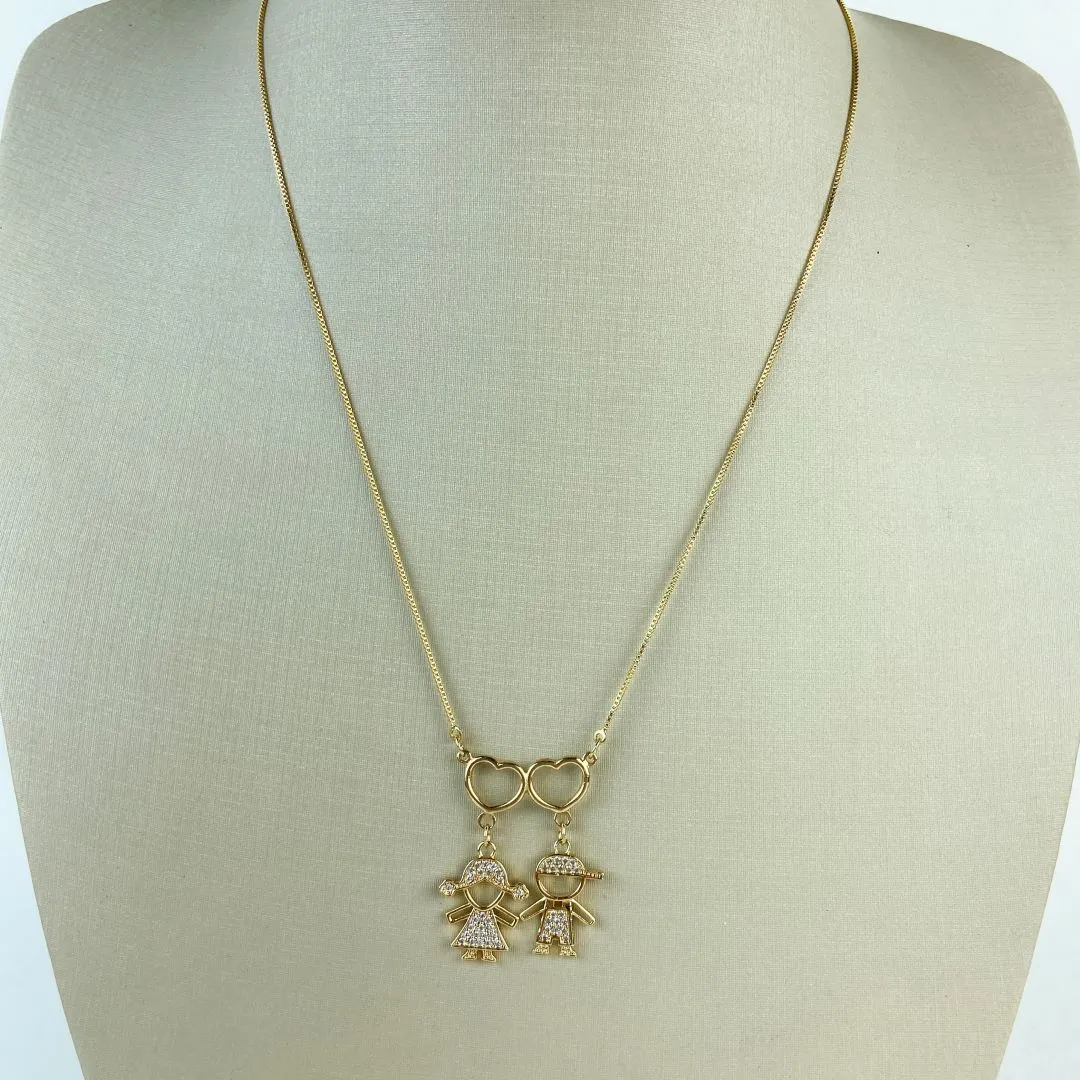 Colar Veneziana com Um Menino e Uma Menina com Coração Folheado a Ouro 18k