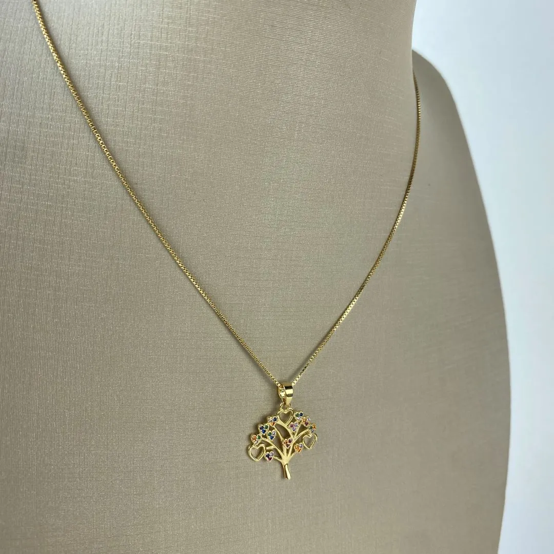 Colar Veneziana Pingente Árvore da Vida de Corações em Zircônias Coloridas Folheado a Ouro 18k