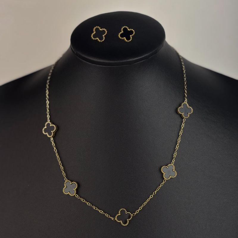 Conjunto Choker e Brinco Insiração Van Cleef Preto em Aço Inox 316L na Cor Dourada