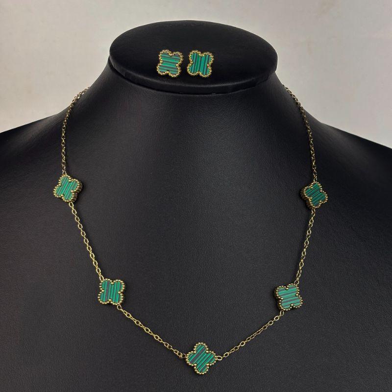 Conjunto Choker e Brinco Insiração Van Cleef Verde em Aço Inox 316L na Cor Dourada