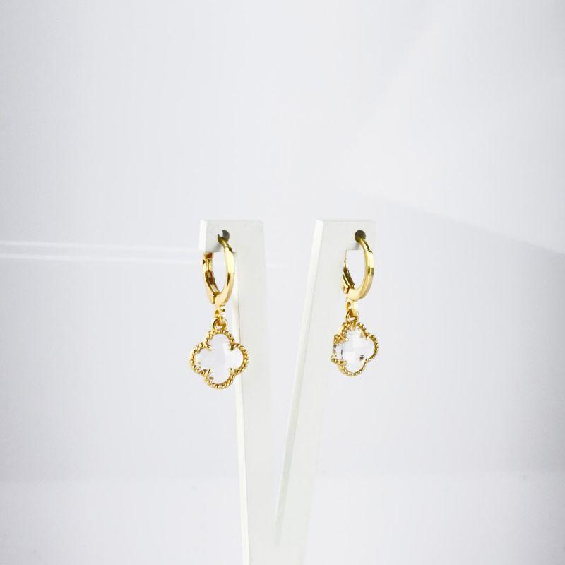 Brinco Inspiração Van Cleef Trevo Cristal Folheado a Ouro 18K
