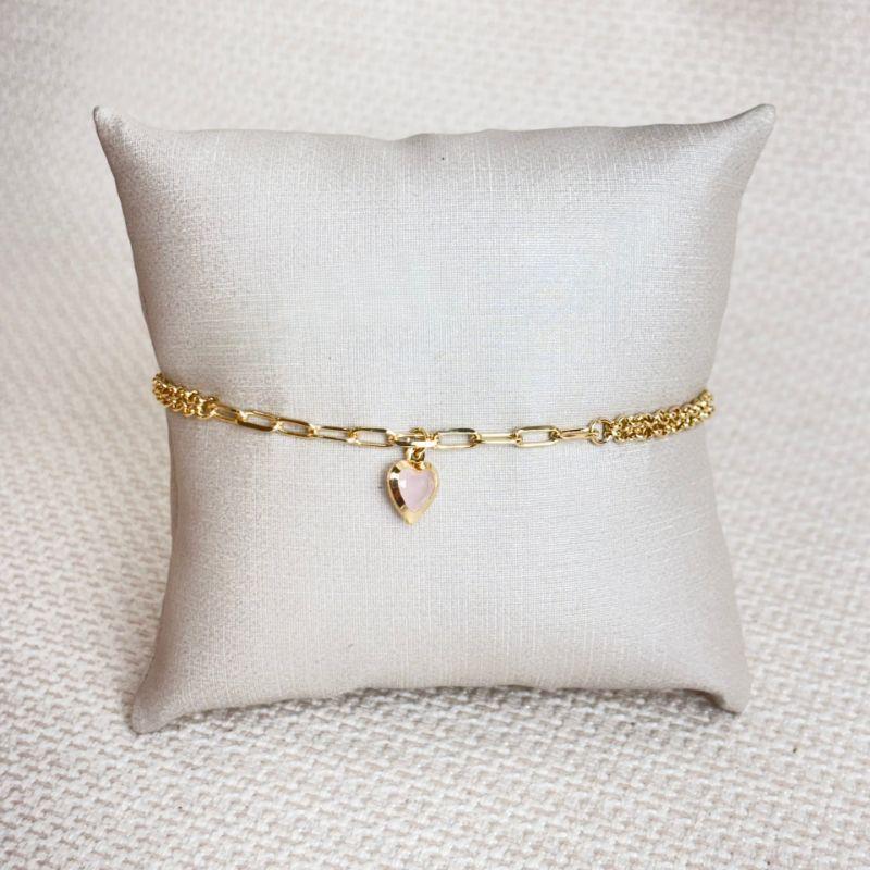 Pulseira Dupla Com Pingente de Coração Folheada a Ouro 18K