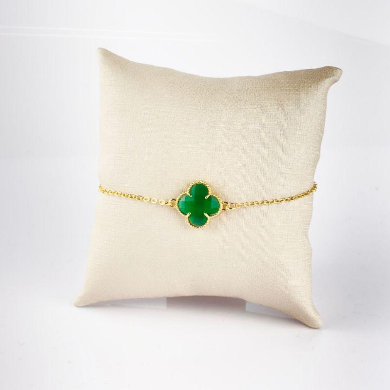 Pulseira Inspiração Van Cleef Trevo Esmeralda Folheada a Ouro 18K
