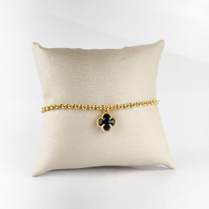 Pulseira Inspiração Van Cleef Trevo Preto Folheada a Ouro 18K