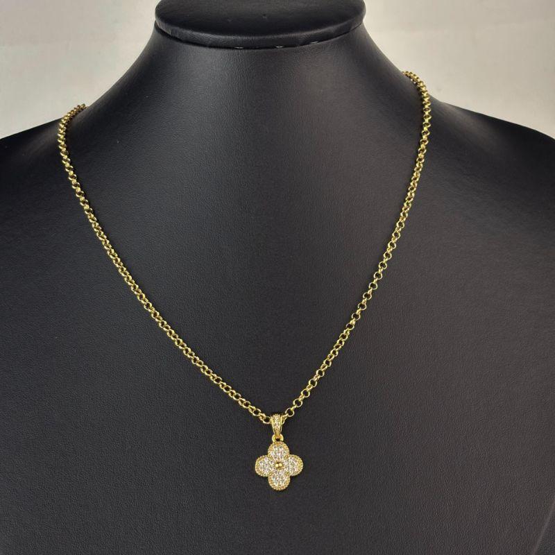 Colar Elo Português com Pingente Inspiração Van Cleef em Zircônias Folheado  Ouro 18K