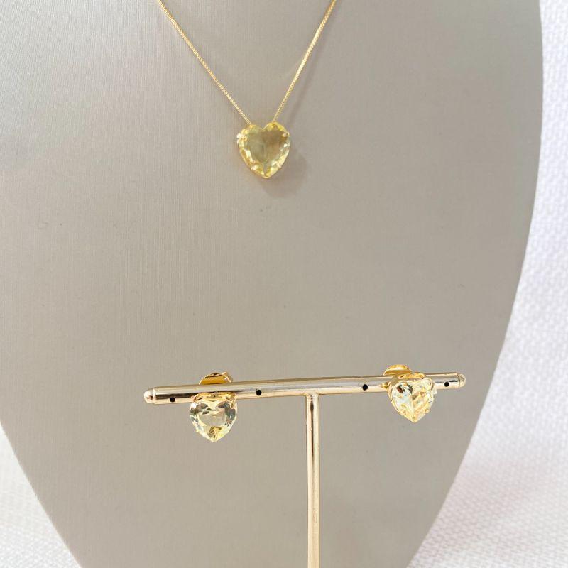 Conjunto Colar Veneziana com Pingente de Coração Citrino e Brincos Folheado a Ouro 18k