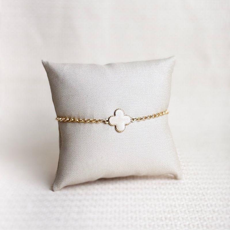 Pulseira Elo Português Trevo Perolado Inspiração Van Cleef Folheado a Ouro 18k