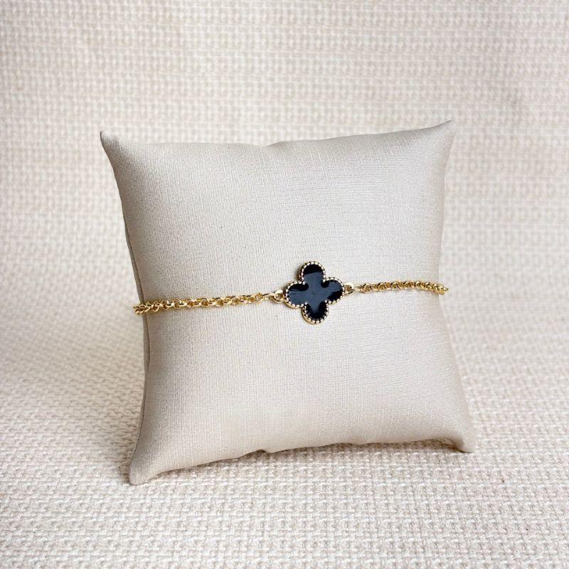 Pulseira Elo Português Trevo Preto Inspiração Van Cleef Folheado a Ouro 18k