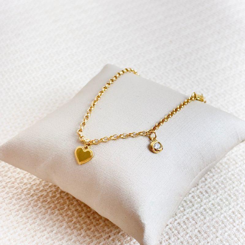 Tornozeleira Coração com Ponto de Luz Folheada a Ouro 18k