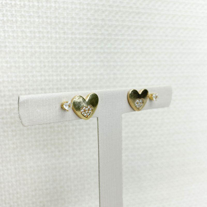 Brinco Duo Coração e Ponto de Luz em Zircônia Folheado a Ouro 18k