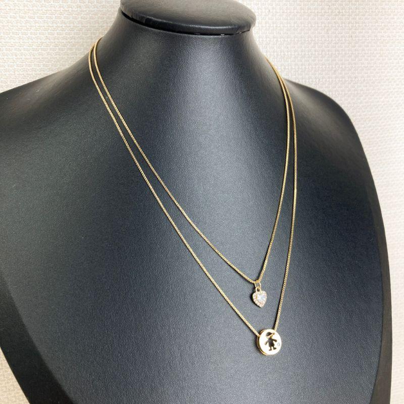 Colar Dupla Veneziana Pingente Menino e Coração Cravejado de Zircônias Folheado a Ouro 18k