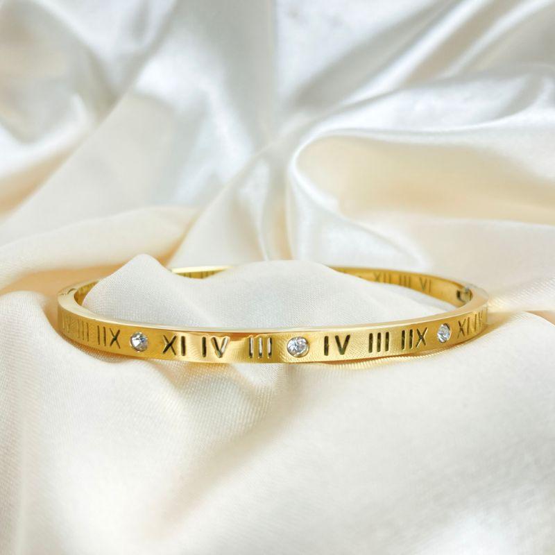 Bracelete Inspiração Cartier Números Romanos em Aço Inox 316L na Cor Dourada