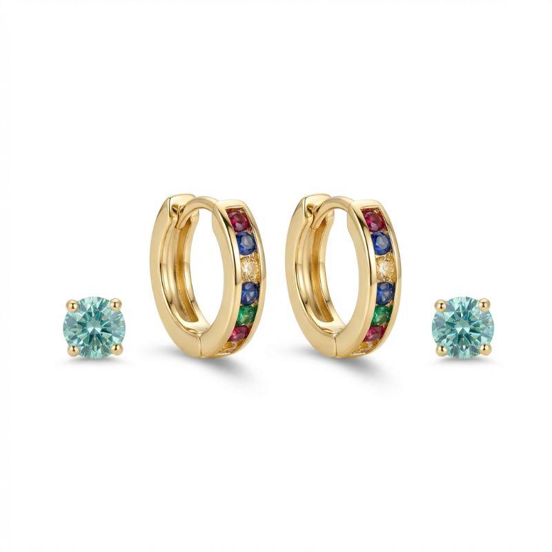 Brinco Dou Argola Colorida e Ponto de Luz Verde Folheado a Ouro 18k