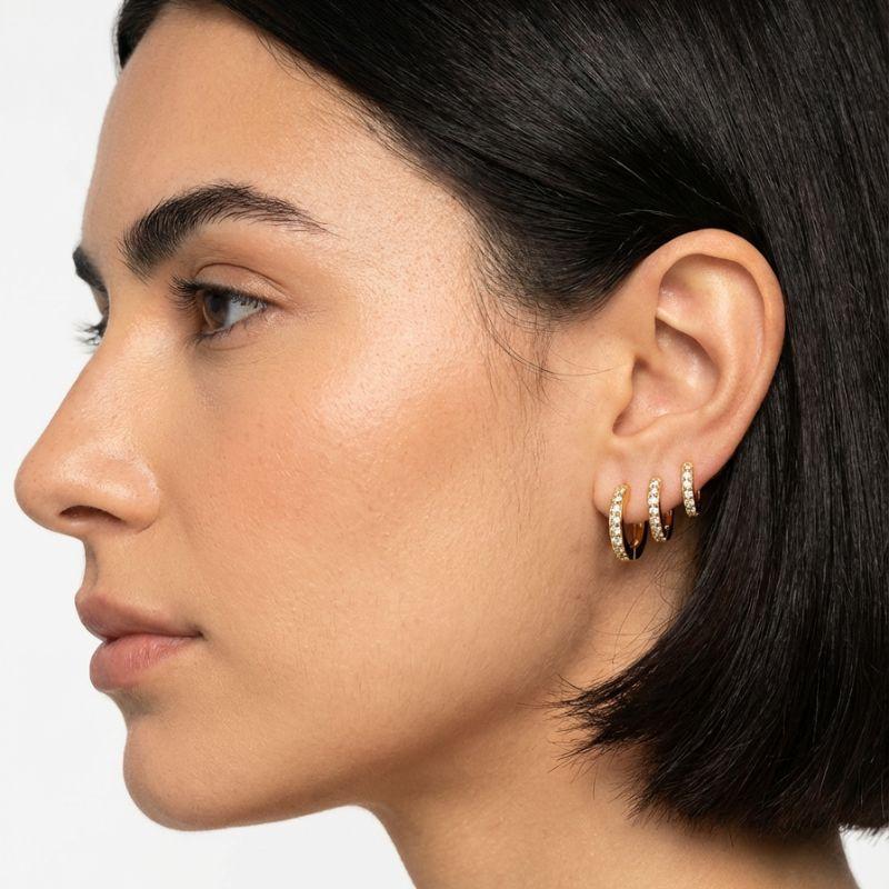 Brinco Trio de Argolinhas Cravejadas em Microzircônias Cristal Folhado a Ouro 18k