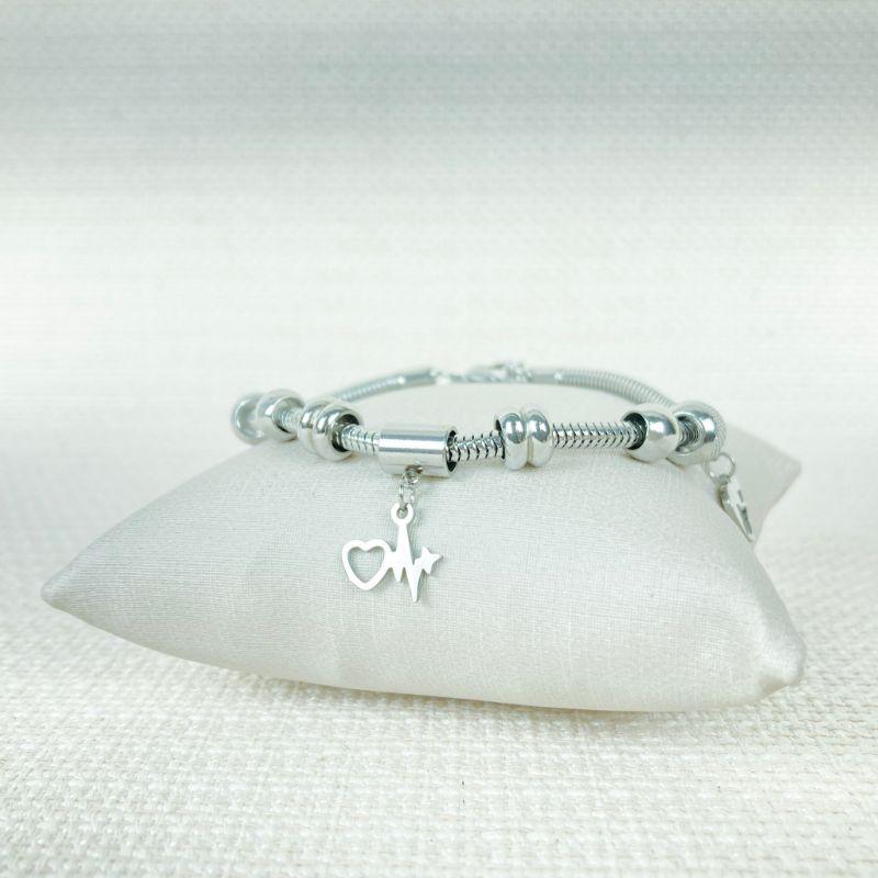 Pulseira Berloques Borboleta Vazada no Coração, Linha da Vida e Estrela Aço Inox Prateado