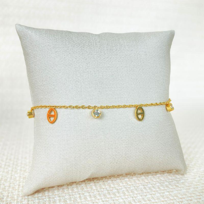 Pulseira Pingente Oval e Ponto de Luz e Cristal em Aço Inox Dourado